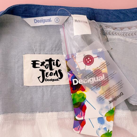 Desigual Western Rodeo Country Gauze Denim Fringe Sleeve Boho Top White S NWT - Picture 9 of 11